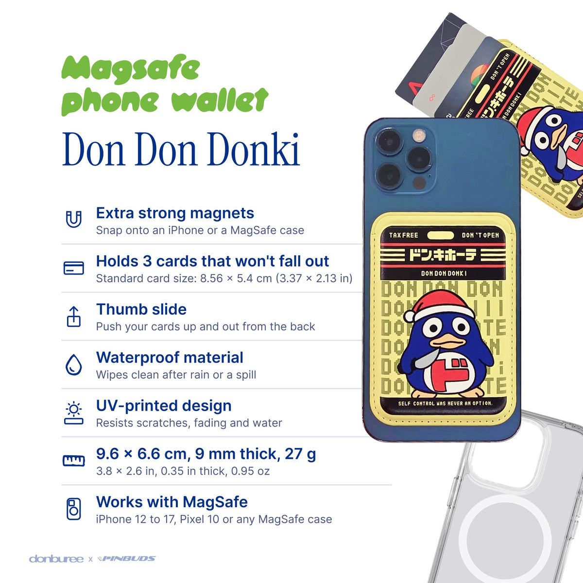 Don Don Donki MagSafe Phone Wallet by Donburee x Pinbuds, size and spec details