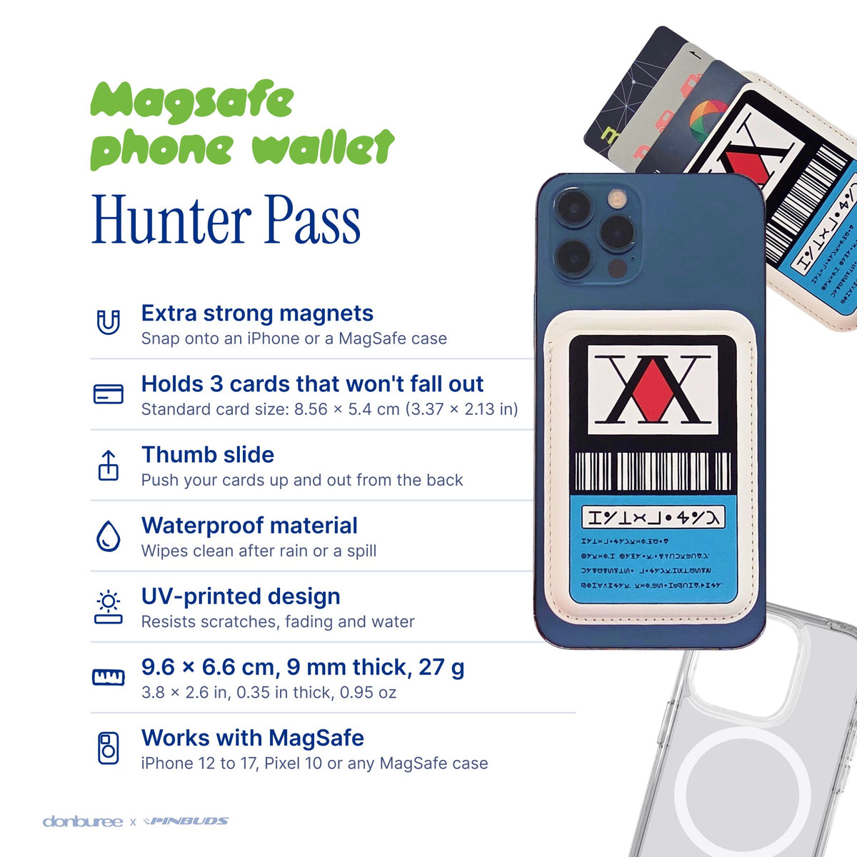 Hunter Pass MagSafe Phone Wallet by Donburee x Pinbuds, size and spec details