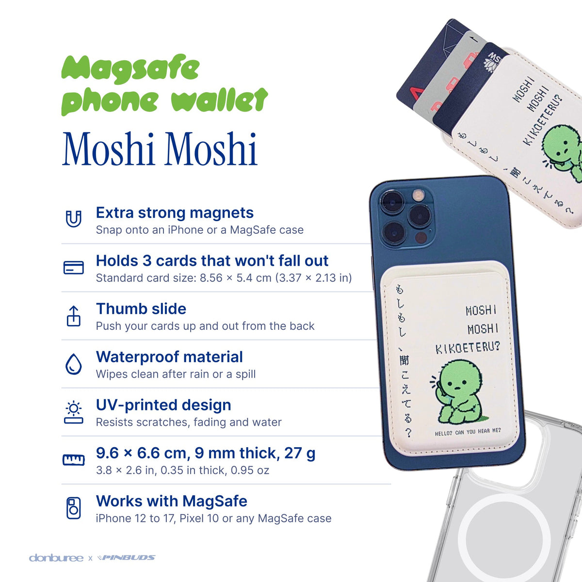 Moshi Moshi MagSafe Phone Wallet by Donburee x Pinbuds, size and spec details
