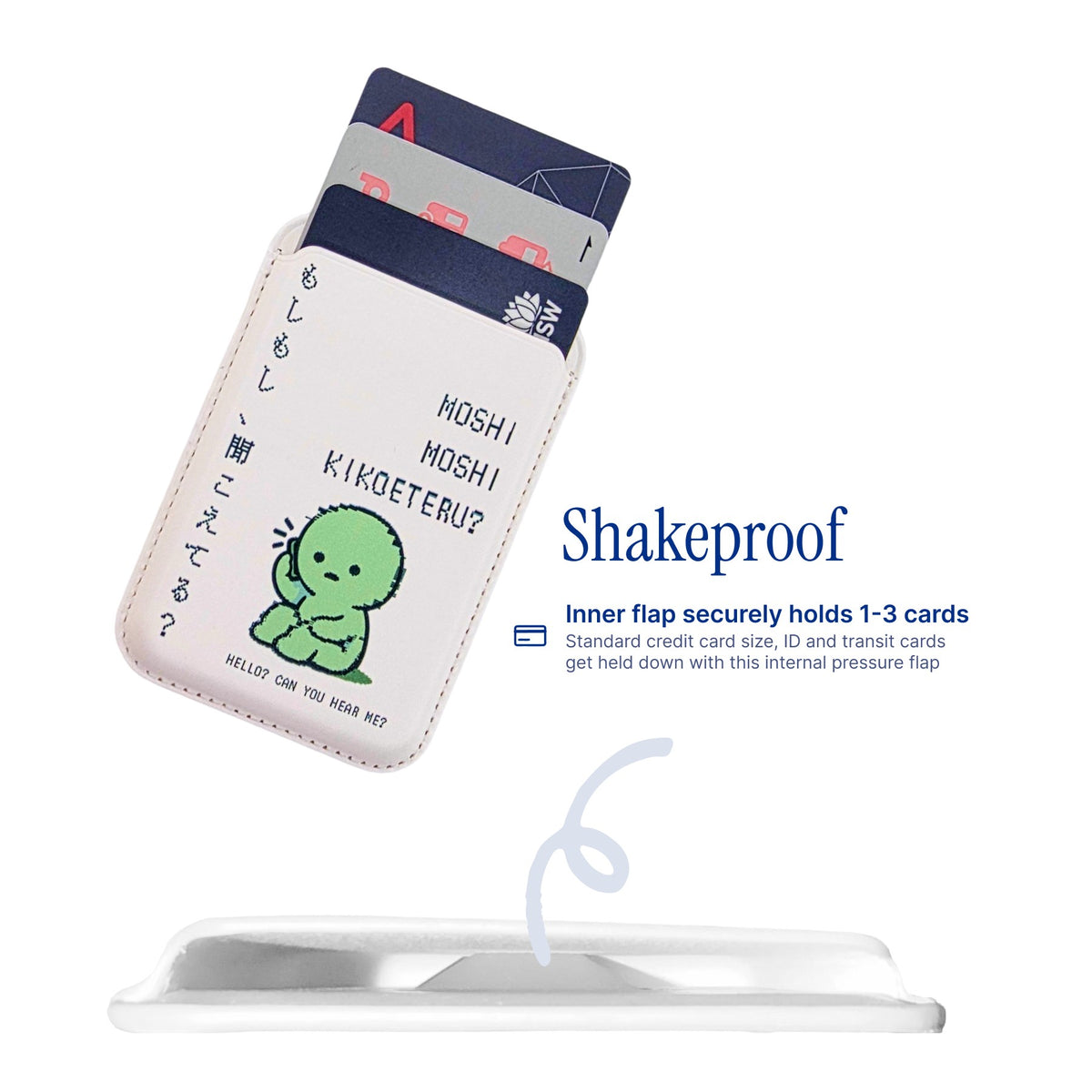Moshi Moshi MagSafe Phone Wallet by Donburee x Pinbuds, shake test showing it stays put