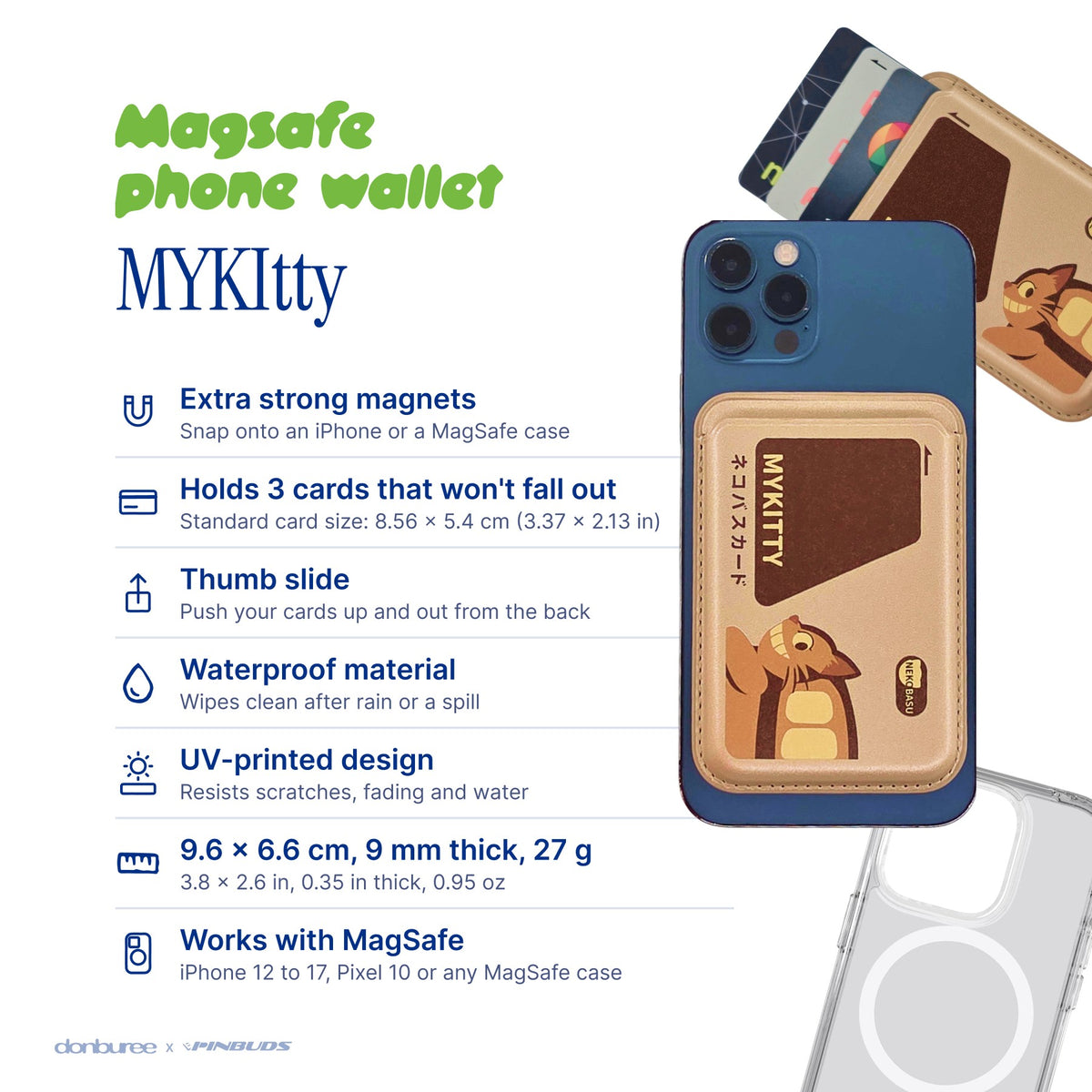 MYKItty MagSafe Phone Wallet by Donburee x Pinbuds, size and spec details