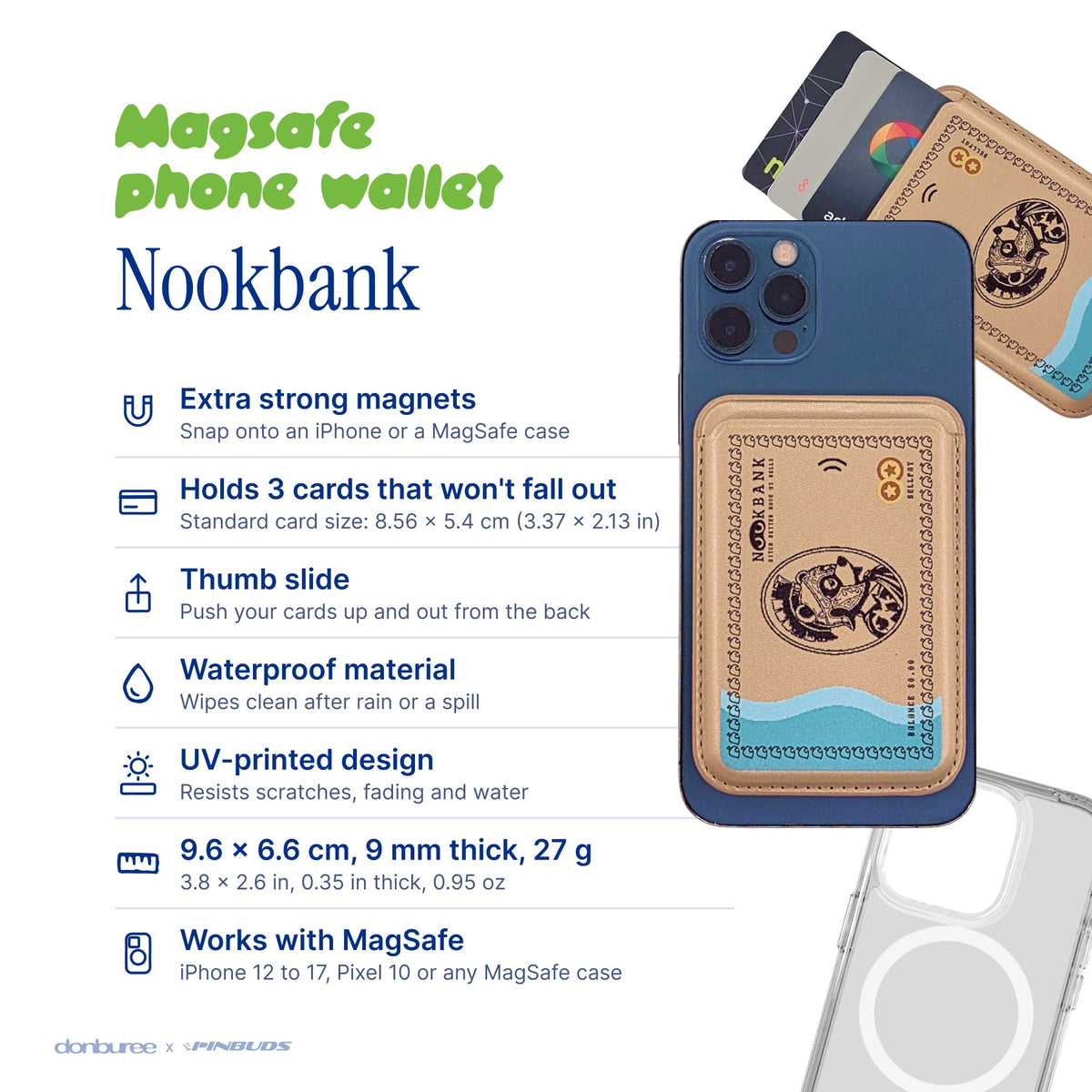 Nookbank MagSafe Phone Wallet by Donburee x Pinbuds, size and spec details
