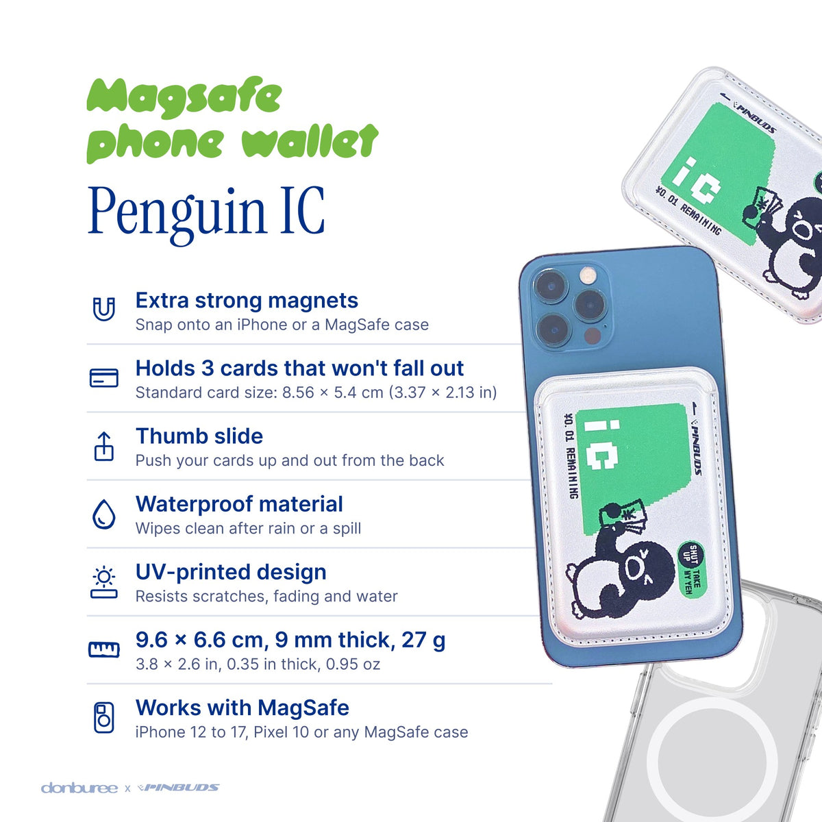 Penguin IC MagSafe Phone Wallet by Donburee x Pinbuds, size and spec details