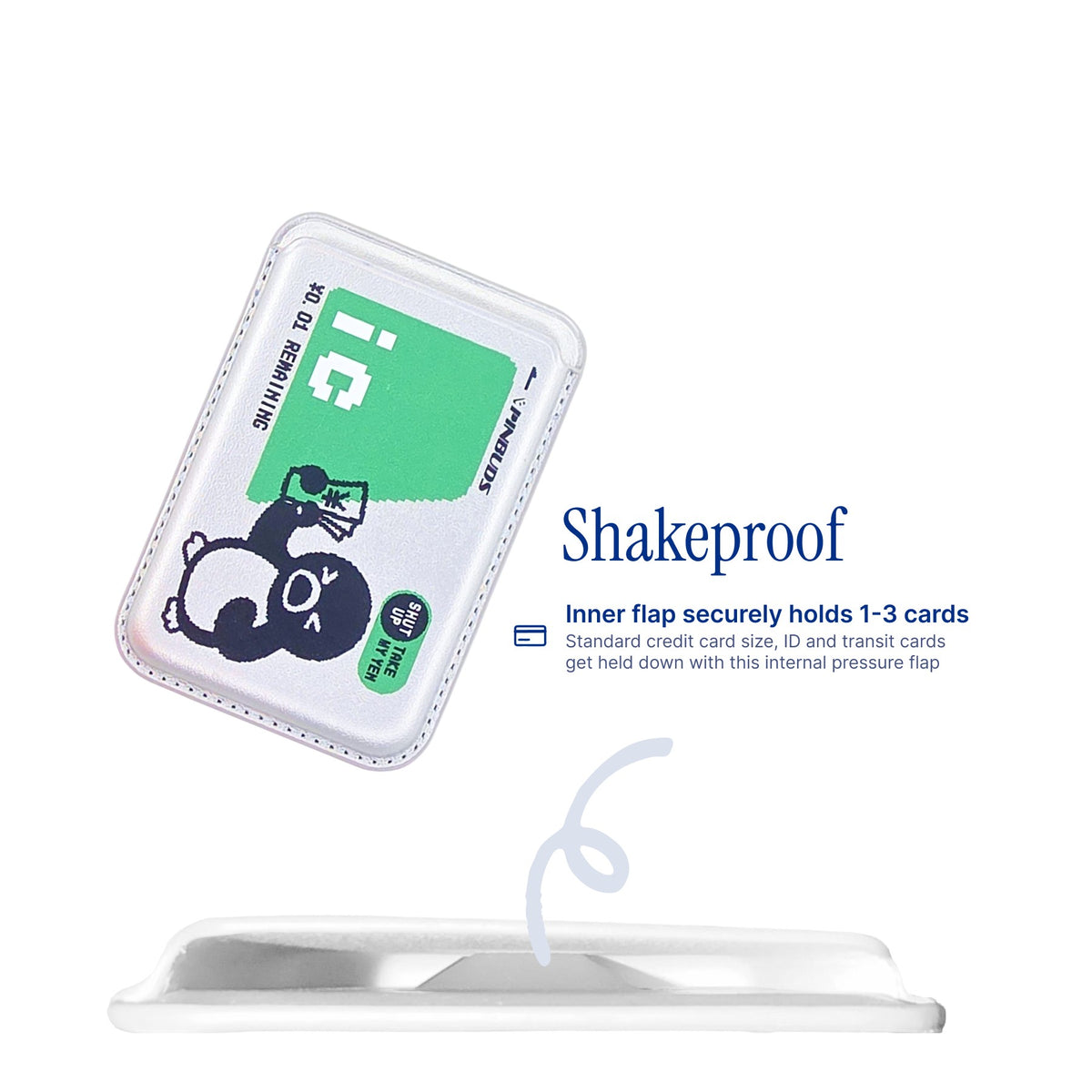 Penguin IC MagSafe Phone Wallet by Donburee x Pinbuds, shake test showing it stays put