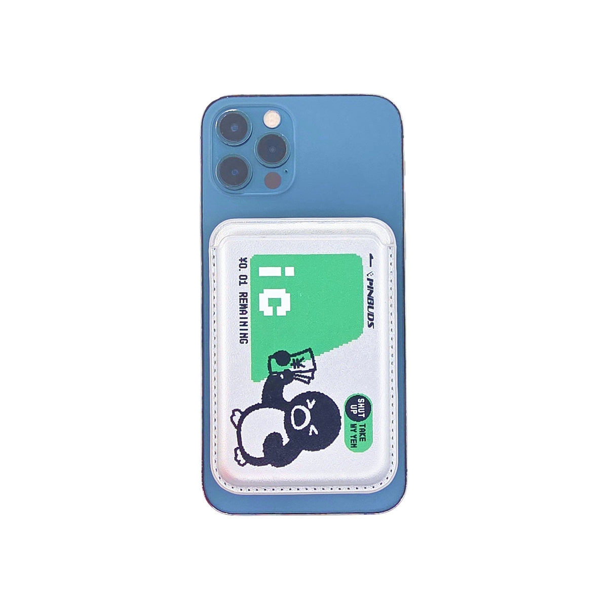 Penguin IC MagSafe Phone Wallet by Donburee x Pinbuds, on a MagSafe iPhone