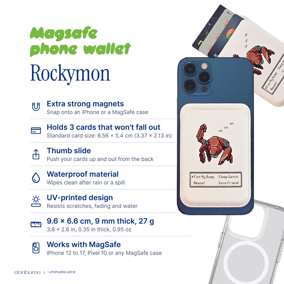 Rockymon MagSafe Phone Wallet by Donburee x Pinbuds, size and spec details