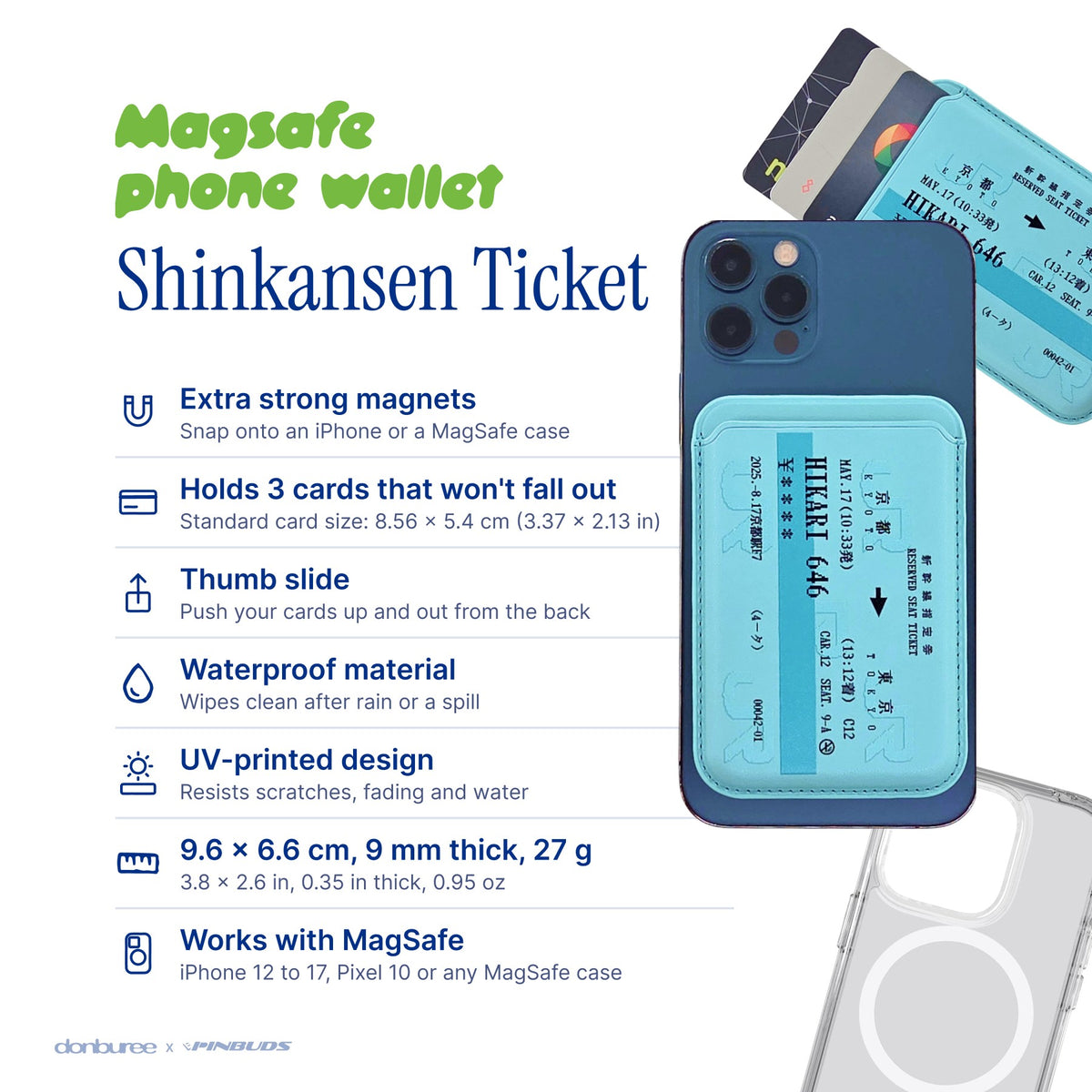 Shinkansen Ticket MagSafe Phone Wallet by Donburee x Pinbuds, size and spec details