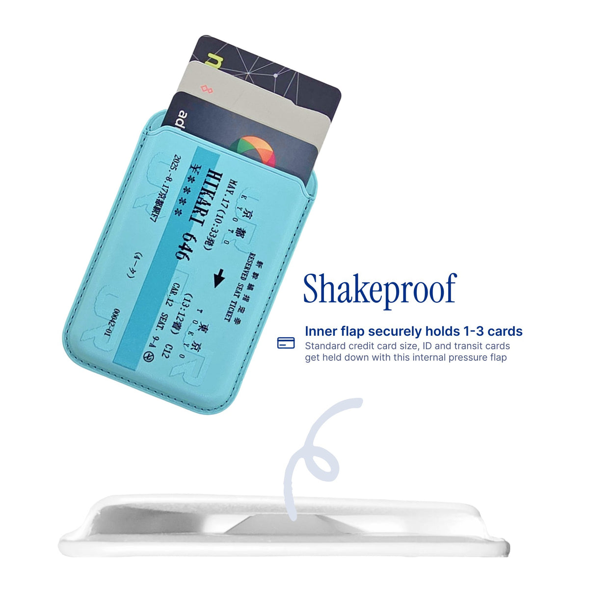Shinkansen Ticket MagSafe Phone Wallet by Donburee x Pinbuds, shake test showing it stays put