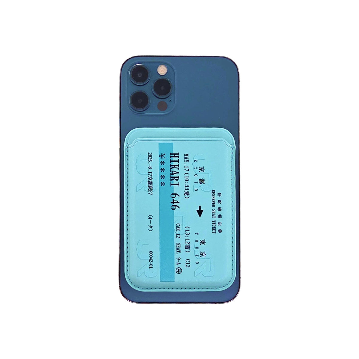 Shinkansen Ticket MagSafe Phone Wallet by Donburee x Pinbuds, on a MagSafe iPhone