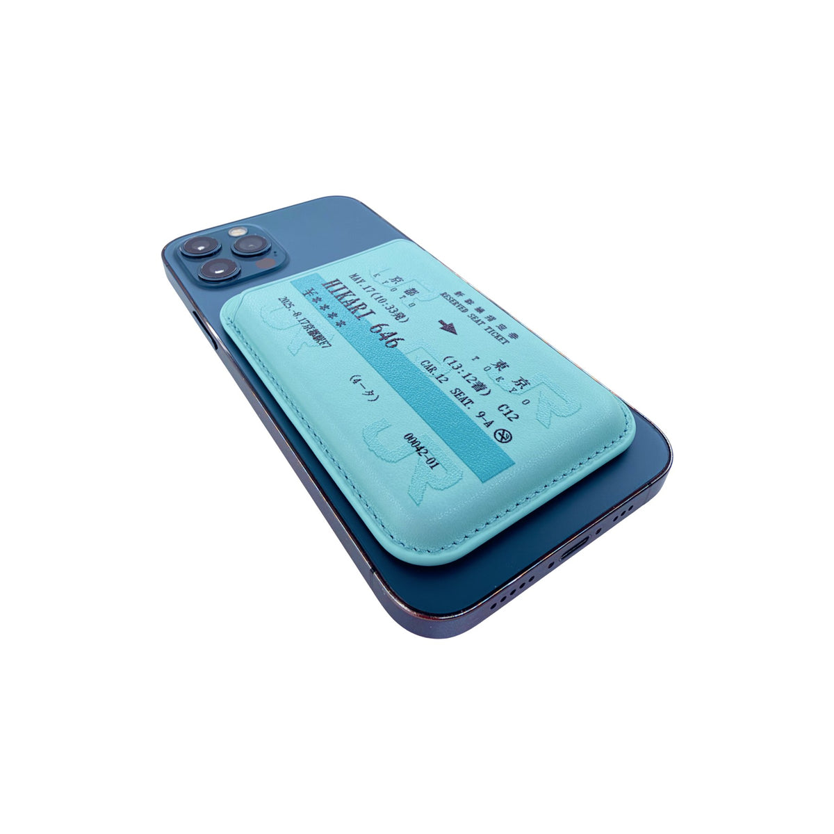 Shinkansen Ticket MagSafe Phone Wallet by Donburee x Pinbuds, angled view 4 of 5