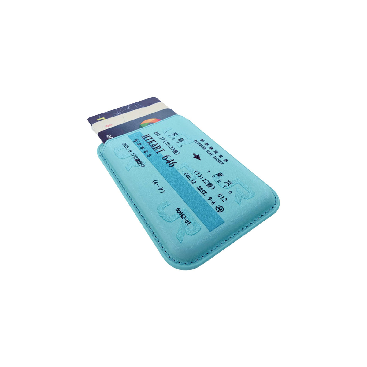 Shinkansen Ticket MagSafe Phone Wallet by Donburee x Pinbuds, angled view 5 of 5
