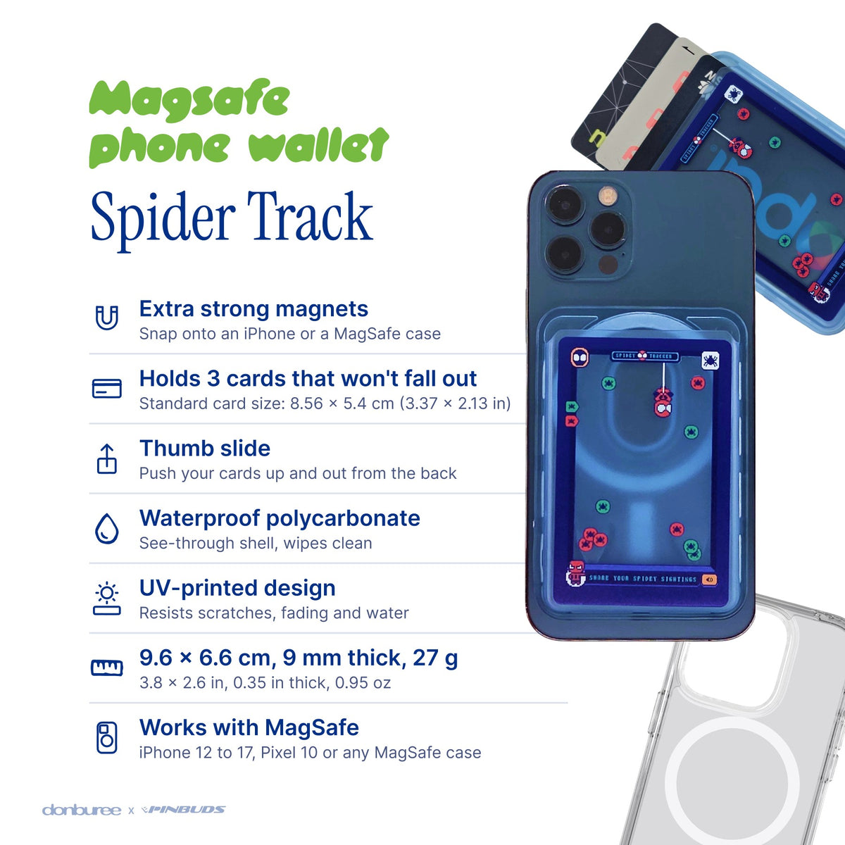 Spider Track MagSafe Phone Wallet by Donburee x Pinbuds, size and spec details