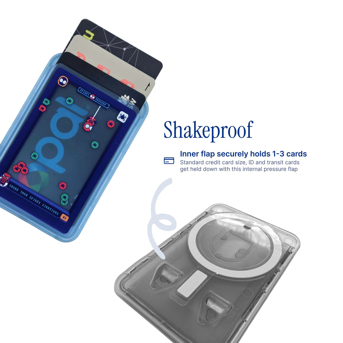 Spider Track MagSafe Phone Wallet by Donburee x Pinbuds, shake test showing it stays put