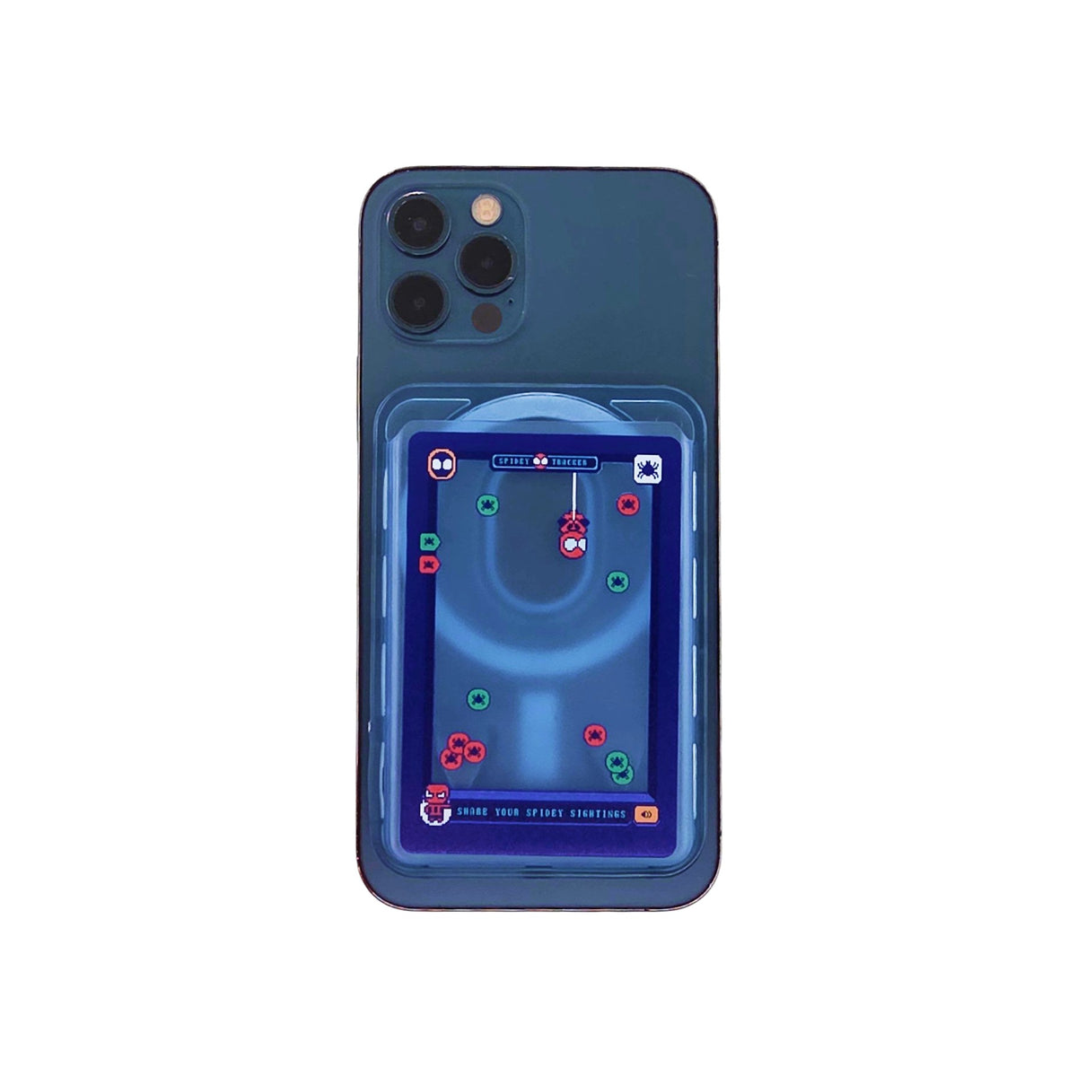 Spider Track MagSafe Phone Wallet by Donburee x Pinbuds, on a MagSafe iPhone