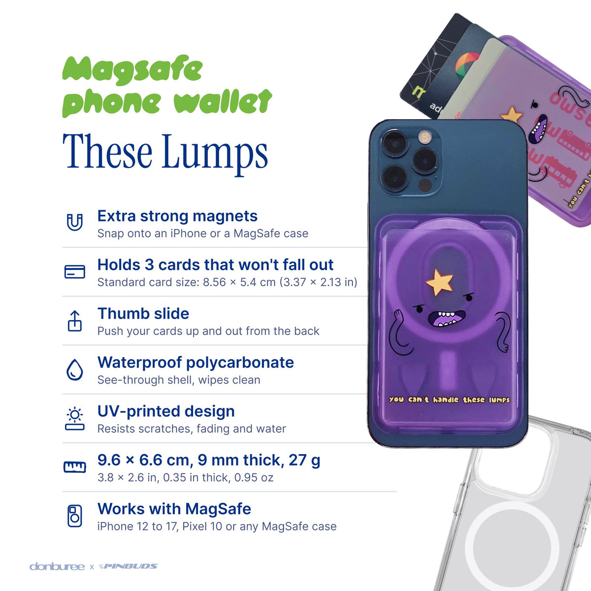 These Lumps MagSafe Phone Wallet by Donburee x Pinbuds, size and spec details