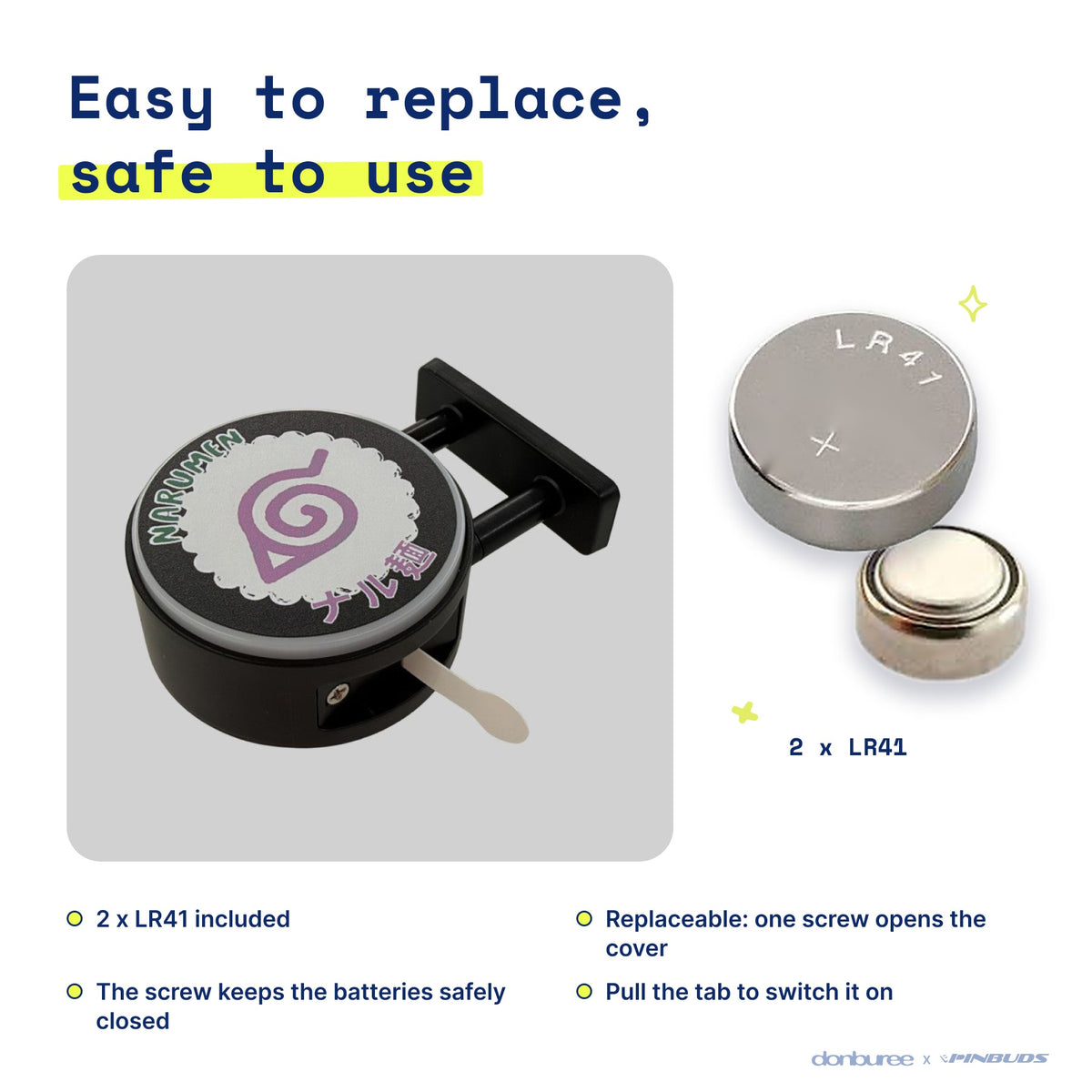 Narumen Magnet Light by Donburee x Pinbuds, easy to replace and safe to use battery