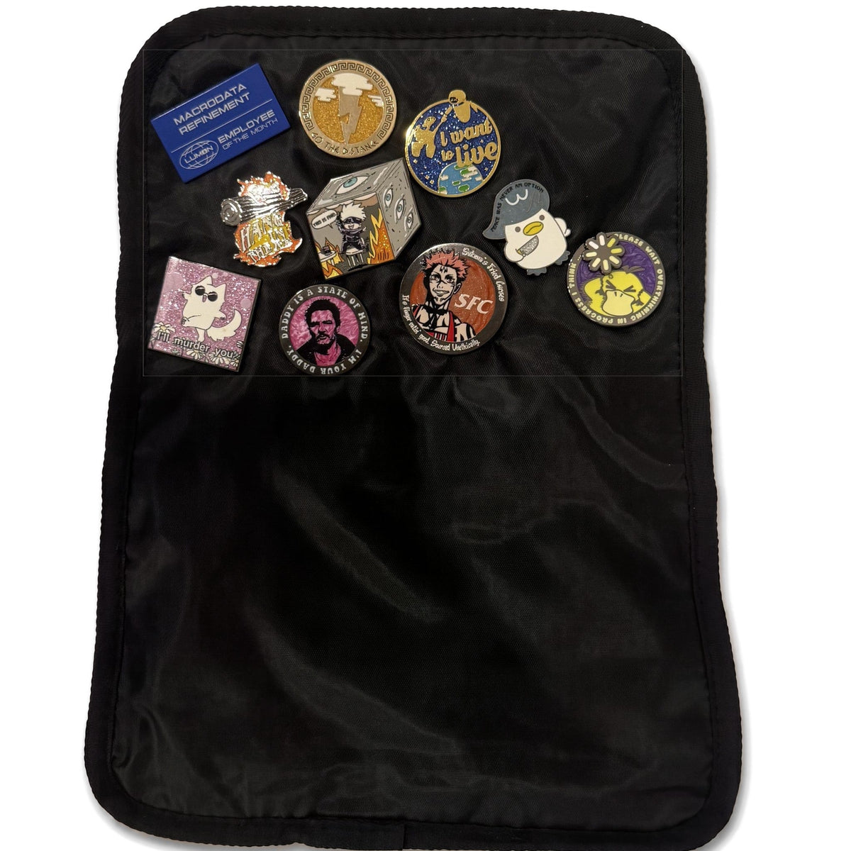 ITA 15" Daily Backpack Pro: spare pin pad filled with enamel pins, for swapping on the go