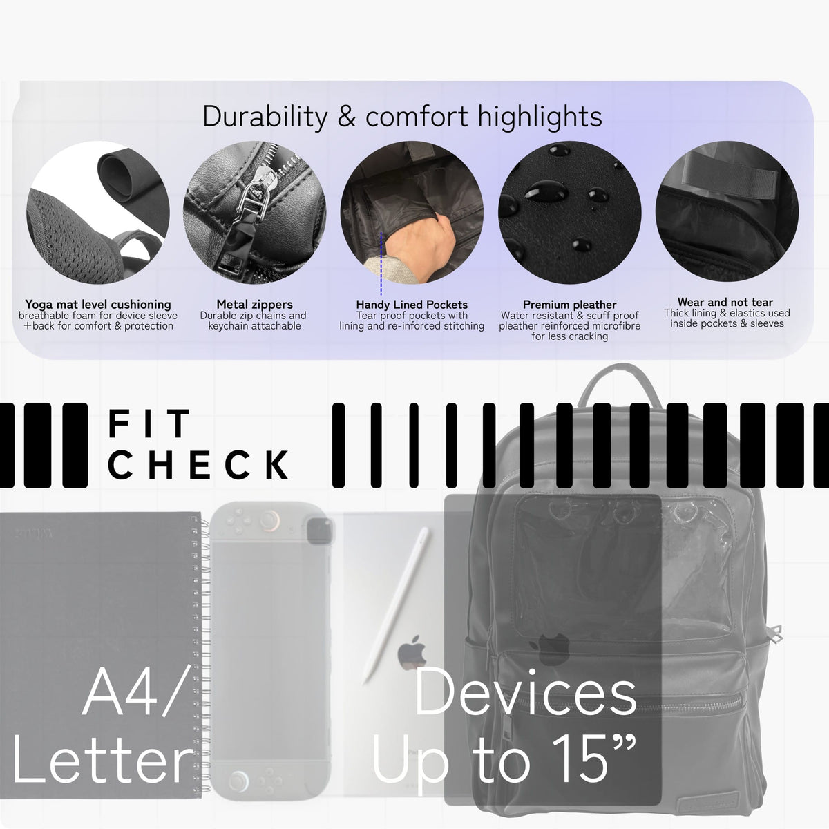 ITA 15" Daily Backpack Pro durability highlights and fit check: A4 or Letter books and devices up to 15 inches
