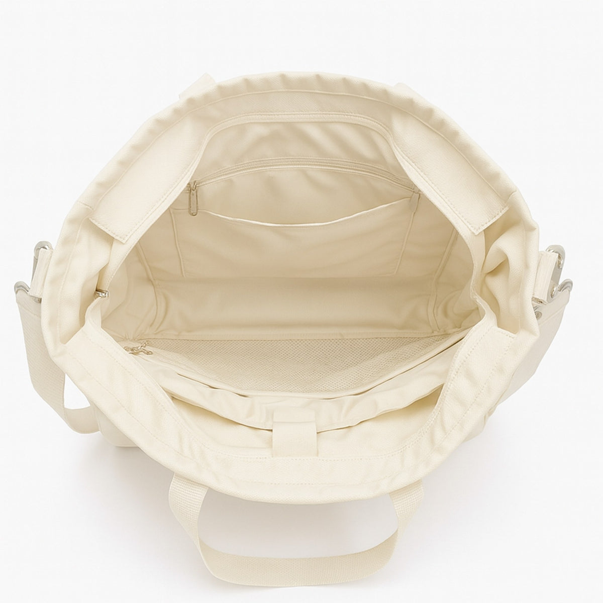 16" ITA laptop tote in beige, inside from above: zip pocket, slip pocket and mesh pocket