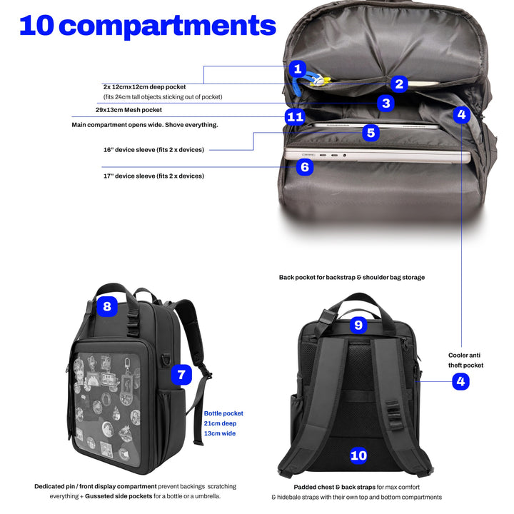 Water-resistant 4-way ITA bag 17", black, 10 compartments numbered inside and out: deep pockets, mesh pocket, two device sleeves, pin display, bottle pocket, back pocket, cooler anti-theft pocket