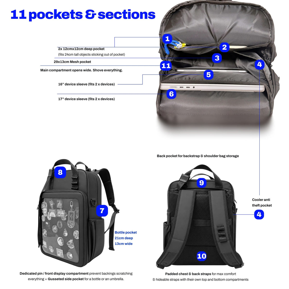Water-resistant 4-way ITA bag 17", black, 11 pockets and sections numbered inside and out: deep pockets, mesh pocket, two device sleeves, pin display, bottle pocket, back pocket, cooler anti-theft pocket