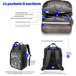Water-resistant 4-way ITA bag 17", black, 11 pockets and sections numbered inside and out: deep pockets, mesh pocket, two device sleeves, pin display, bottle pocket, back pocket, cooler anti-theft pocket