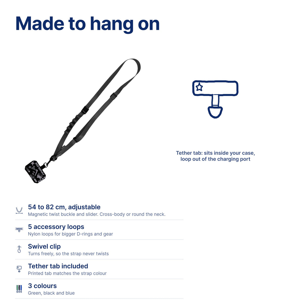 Phone Lanyard & Tether by Pinbuds, size and specs