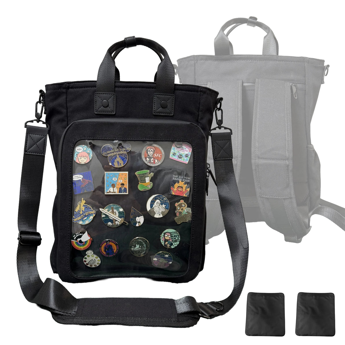 15" 3-Way Cotton ITA bag in black: front with a pin-filled clear window and padded shoulder strap, back view with tuck-away backpack straps, and two hook and loop pin pads