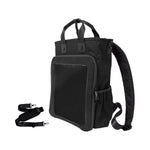 15" 3-Way Shapeshift Backpack in black thick cotton: angled view with the backpack straps out, clear pin window, and the detachable padded shoulder strap included