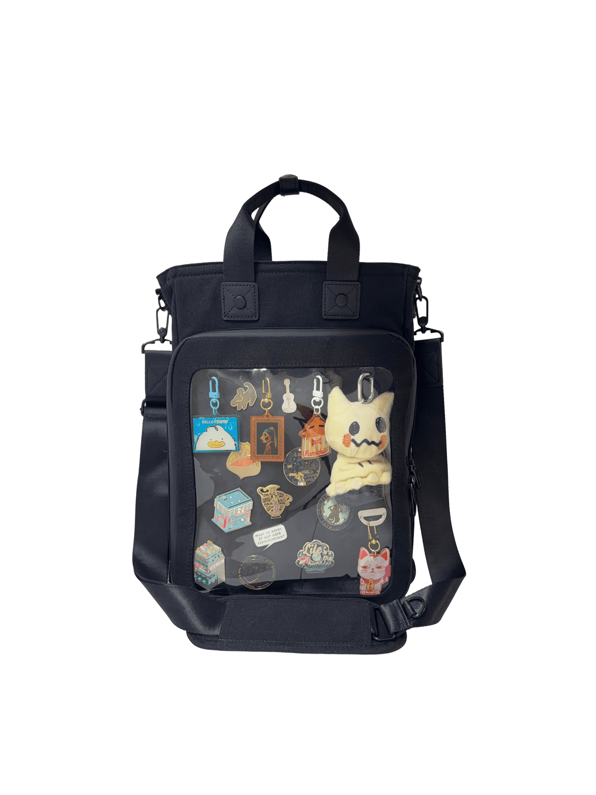 Cotton Convertible ITA Bag 15", black: front view with the padded crossbody strap attached