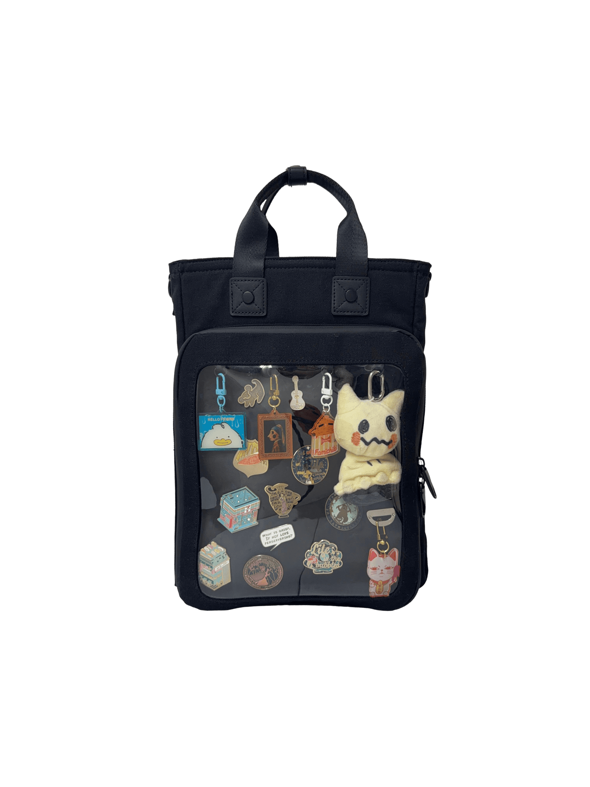 Cotton Convertible ITA Bag 15", black: front view, pin window filled with pins and charms