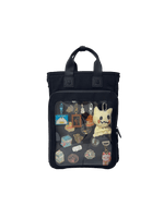 Cotton Convertible ITA Bag 15", black: front view, pin window filled with pins and charms