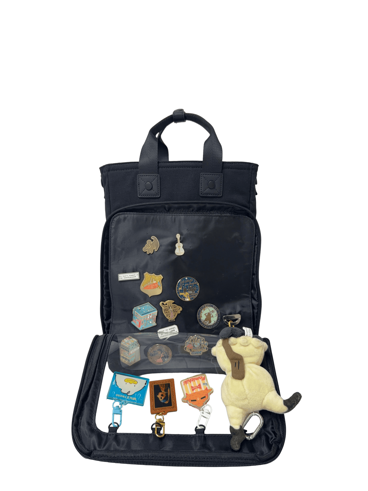 Cotton Convertible ITA Bag 15", black: front panel unzipped and folded down, pin pad and D-rings showing
