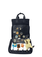 Cotton Convertible ITA Bag 15", black: front panel unzipped and folded down, pin pad and D-rings showing