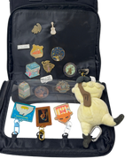 Cotton Convertible ITA Bag 15", black: pin pad panel open with pins and charms on the D-rings, cut out