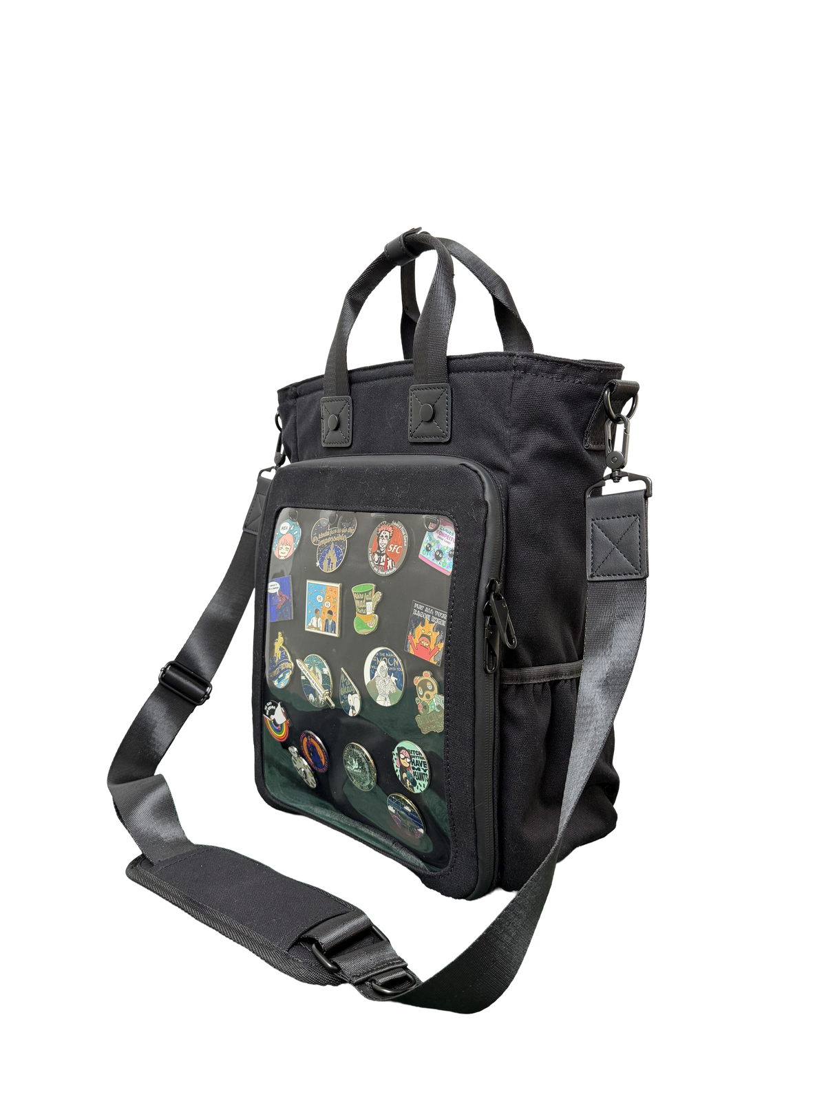 Cotton Convertible ITA Bag 15", black: three-quarter view with the crossbody strap