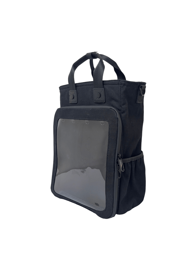 Cotton Convertible ITA Bag 15", black: three-quarter view, empty clear window