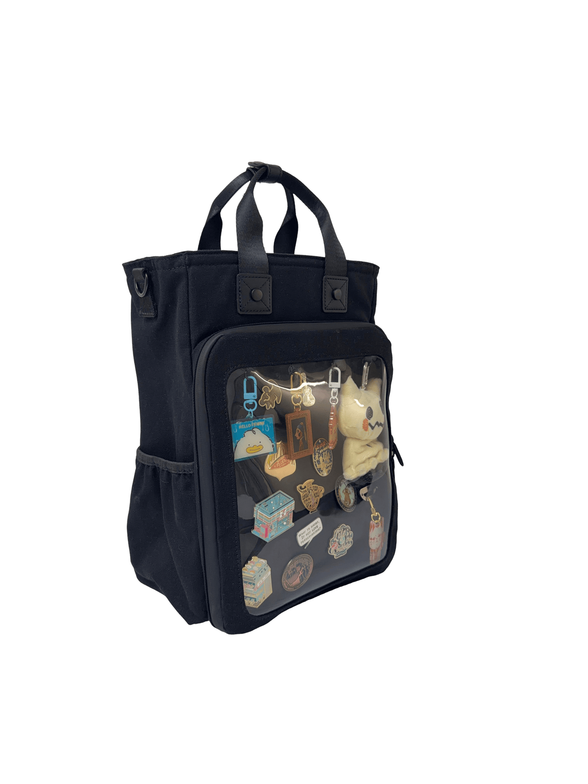 Cotton Convertible ITA Bag 15", black: three-quarter view with side bottle pocket, window filled