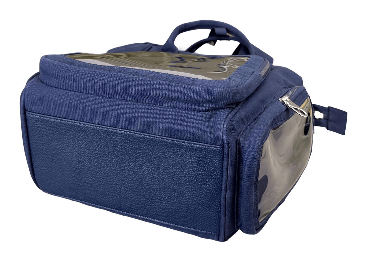 Dual Window ITA backpack 15", navy: vegan leather base and side window from below