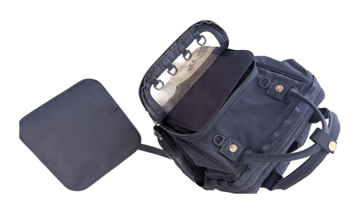 Dual Window ITA backpack 15", navy: front window unzipped and folded down, pin insert lifted out