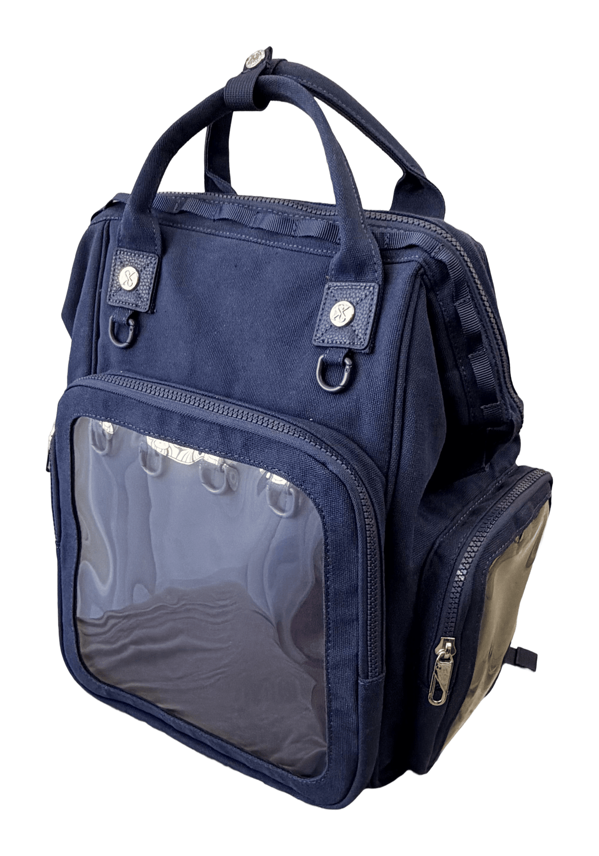 Dual Window ITA backpack 15", navy: front three-quarter view, empty front window and side window