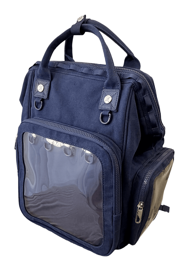 Dual Window ITA backpack 15", navy: front three-quarter view, empty front window and side window