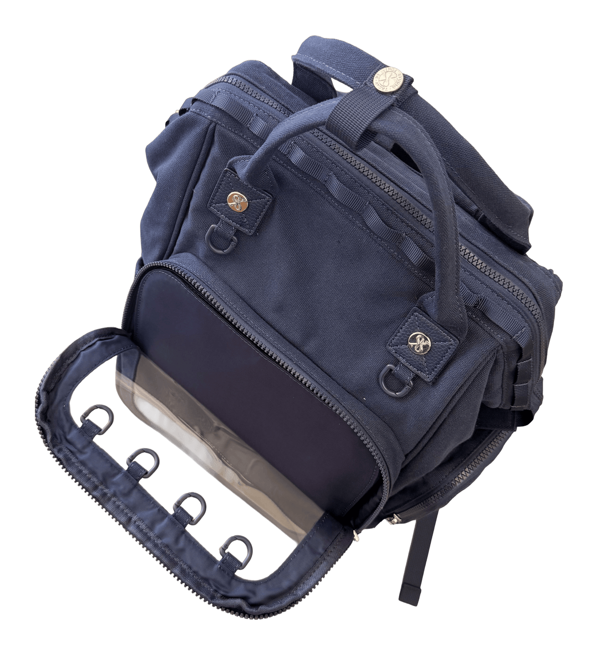Dual Window ITA backpack 15", navy: front window open, D-rings along the window edge