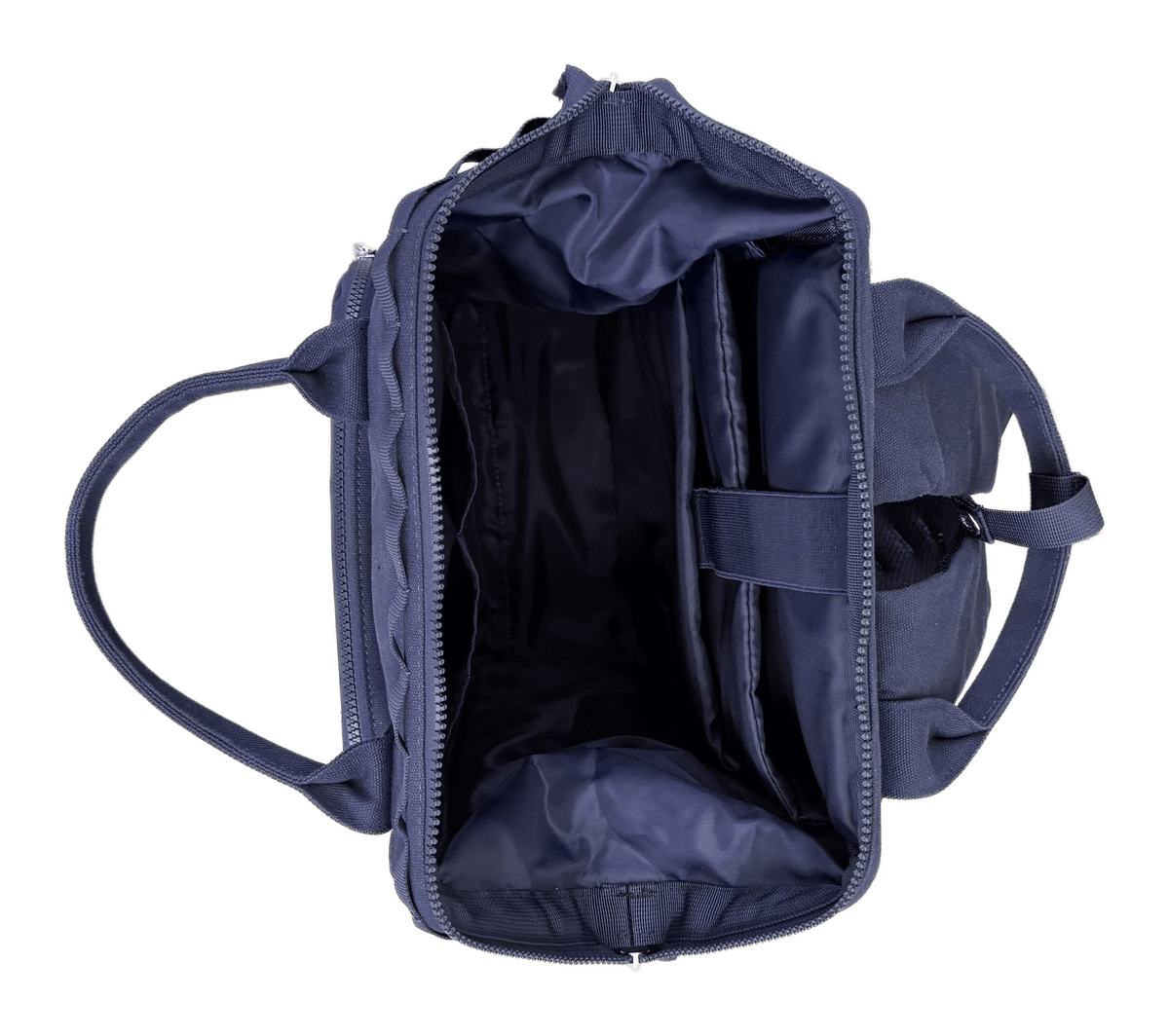 Dual Window ITA backpack 15", navy: top opened wide, laptop sleeve and inside pockets