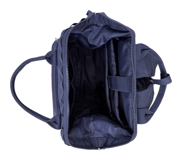Dual Window ITA backpack 15", navy: top opened wide, laptop sleeve and inside pockets