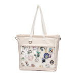 16" ITA laptop tote in beige, pin window filled with pins