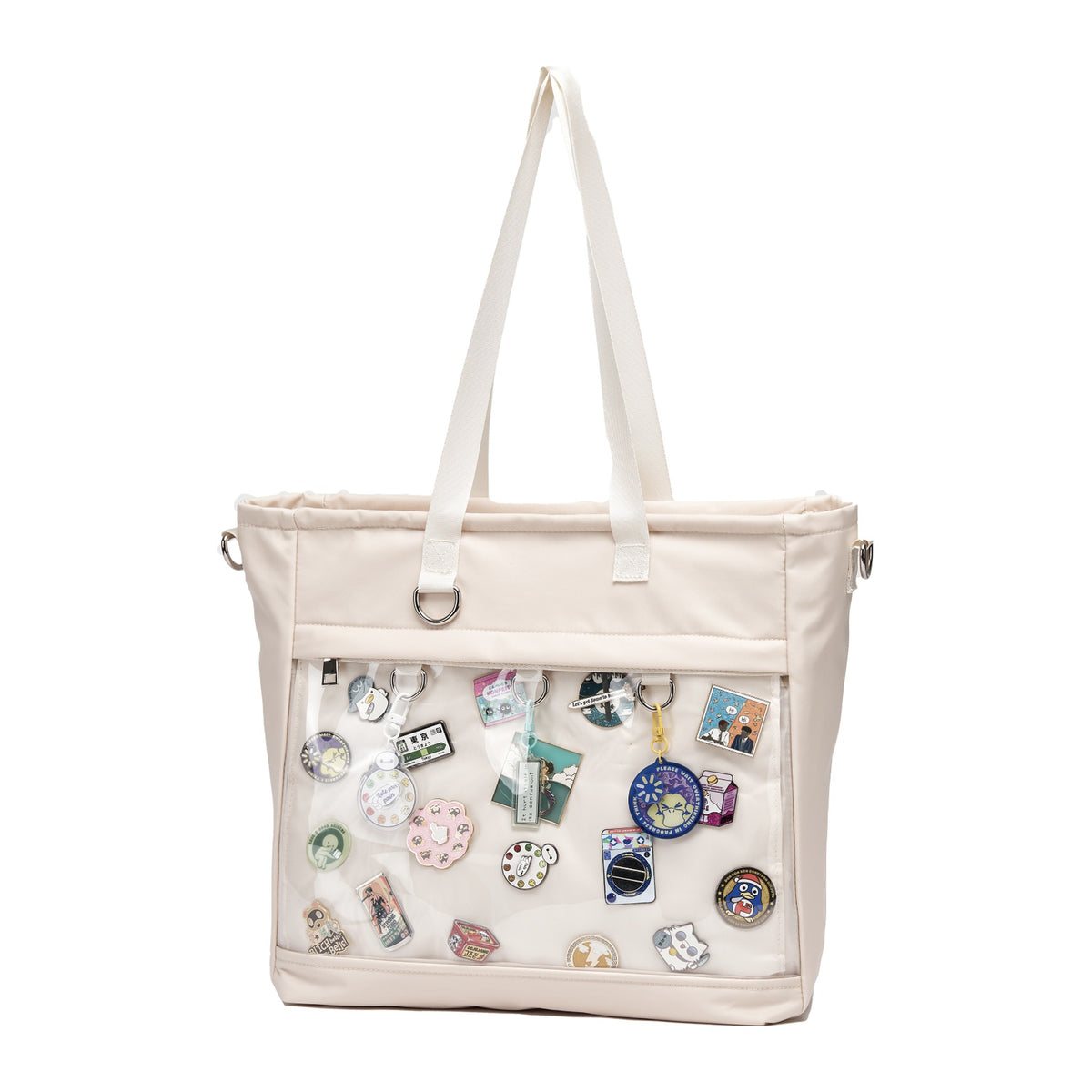 16" ITA laptop tote in beige, pin window filled with pins