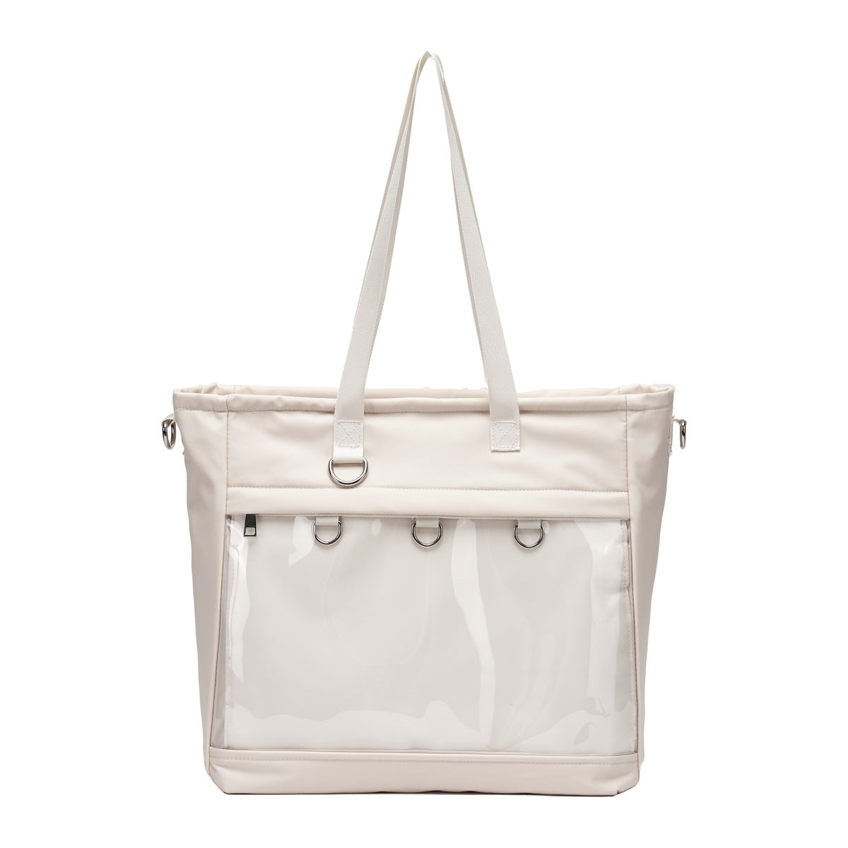 16" ITA laptop tote in beige, front view with an empty pin window and top handles