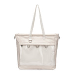 16" ITA laptop tote in beige, front view with an empty pin window and top handles