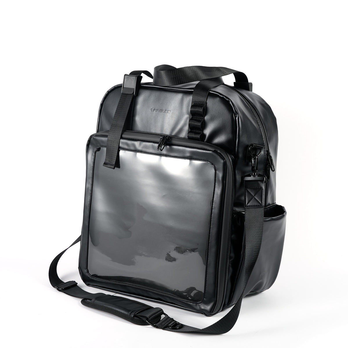 18" 4-Way ITA bag in black vegan leather, front view, window empty